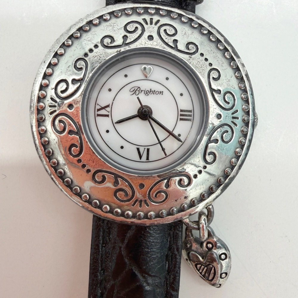 Brighton London Scroll Bezel Watch Black Calfskin Leather Band Needs Battery